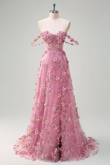 Taro Purple A-Line Off The Shoulder Appliqued Long Prom Dress with Slit